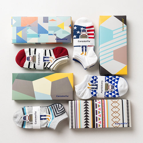 Gift Box fashion brand short socks for men cotton sock summer creative patterns boat socks male ankle socks 4pairs/box