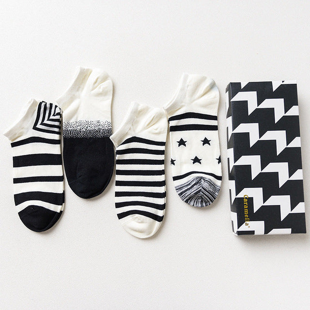 Gift Box fashion brand short socks for men cotton sock summer creative patterns boat socks male ankle socks 4pairs/box