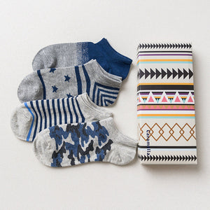 Gift Box fashion brand short socks for men cotton sock summer creative patterns boat socks male ankle socks 4pairs/box