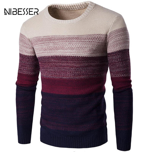 NIBESSER Brand Casual Sweater O-Neck Striped Slim Fit Men Long Sleeve Patchwork Male Pollover Sweater Casual Thin Clothes Autumn