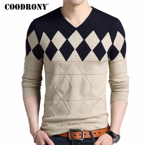 COODRONY Cashmere Wool Sweater Men Autumn Winter Slim Fit Pullovers Men Argyle Pattern V-Neck Pull Homme Christmas Sweaters