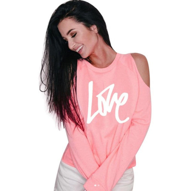 FEITONG Fashion Off Shoulder Blouse Women LOVE Letter Print Off Shoulder Long Sleeve Blusas Tops Women Clothes Pink White Shirt