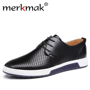 Merkmak New 2018 Men Casual Shoes Leather Summer Breathable Holes Luxury Brand Flat Shoes for Men Drop Shipping