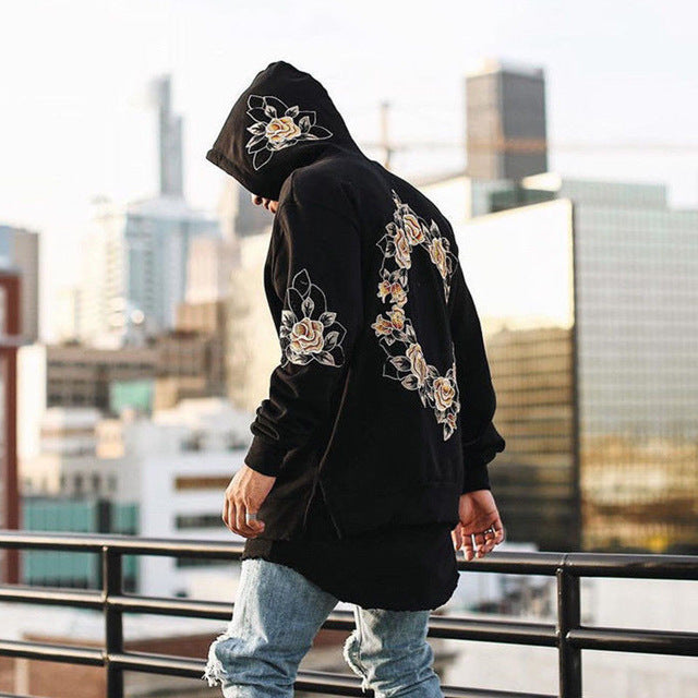 2018 New Design Flower Embroidery Hoodies Men Hip Hop Side Split hooded Sweatshirts Hooded Pullover Jumper Pull Oversized Tops
