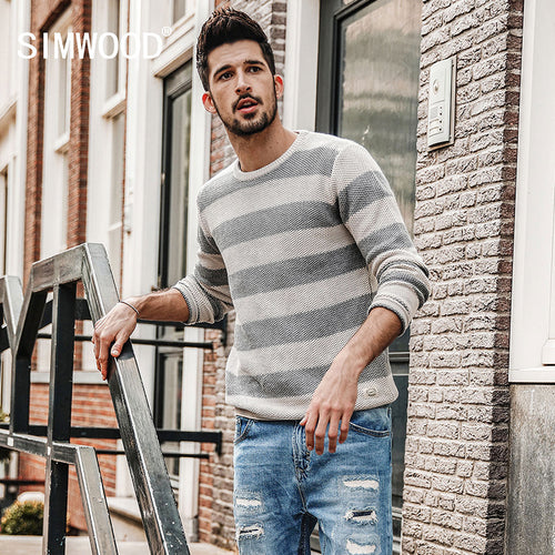 SIMWOOD Spring New Striped  Sweater Men Contrast Color Slim Fit 100% Cotton O-neck  Plus Size Knitted Pullovers  MT017015