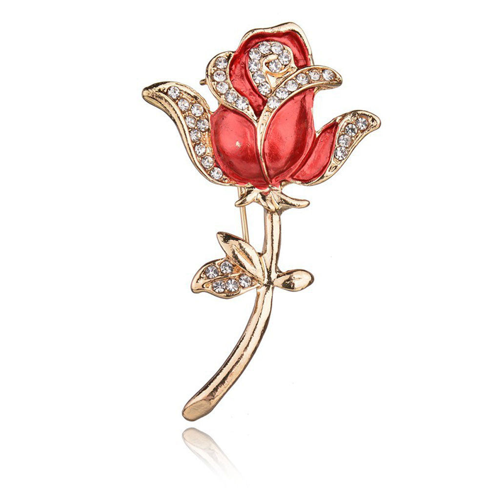 Crystal Red Rose Pins Rhinestone Flower Brooch Women Clothing Accessories